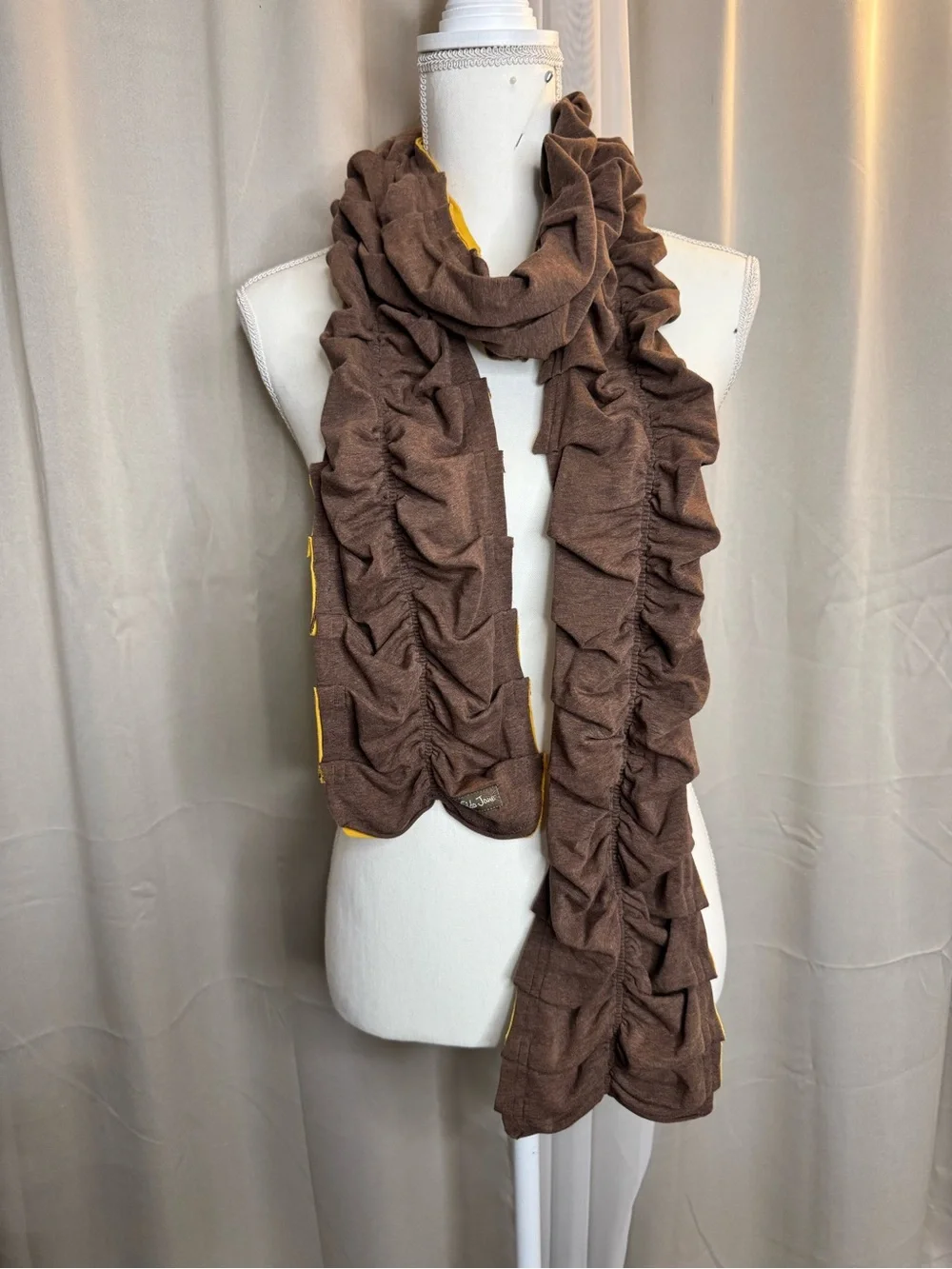Matilda Jane Chocolate Brown Ruffle Jersey Scarf Mustard Reverse 7x85 Boho